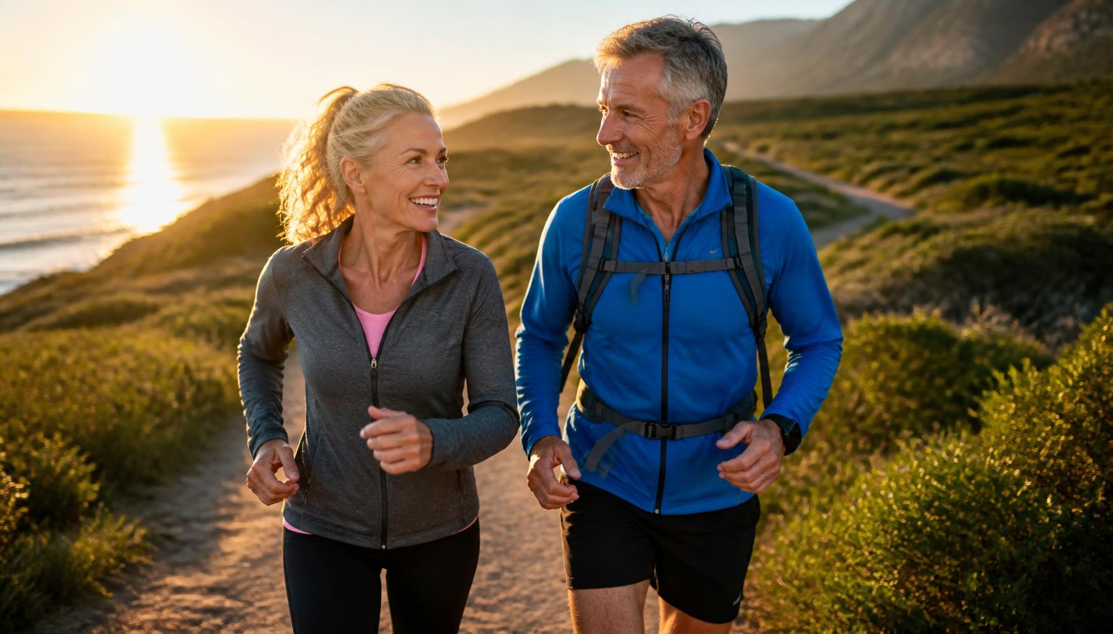 Active couple in their fifties hiking a green coastal trail together at sunrise
