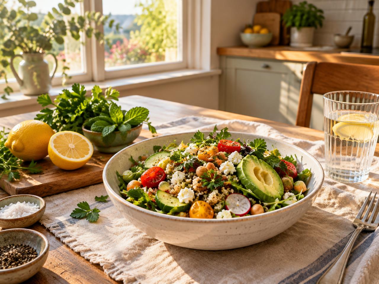 A colourful wholesome salad on a sunny kitchen table
